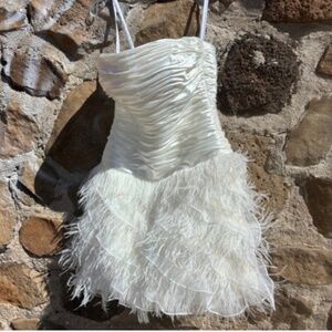 White Strapless Dress, Feather Tiered Ruffle Skirt, and Satin, Ruched Top,size 8